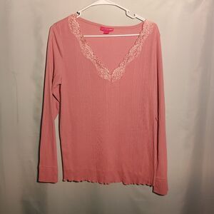 Liz Claiborne Pink Ribbed Lace Trim Top – Long Sleeve Knit Shirt